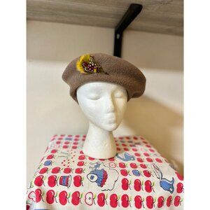 Vintage wool brown beret with yellow and maroon feather detail, Ruth Alan hat
